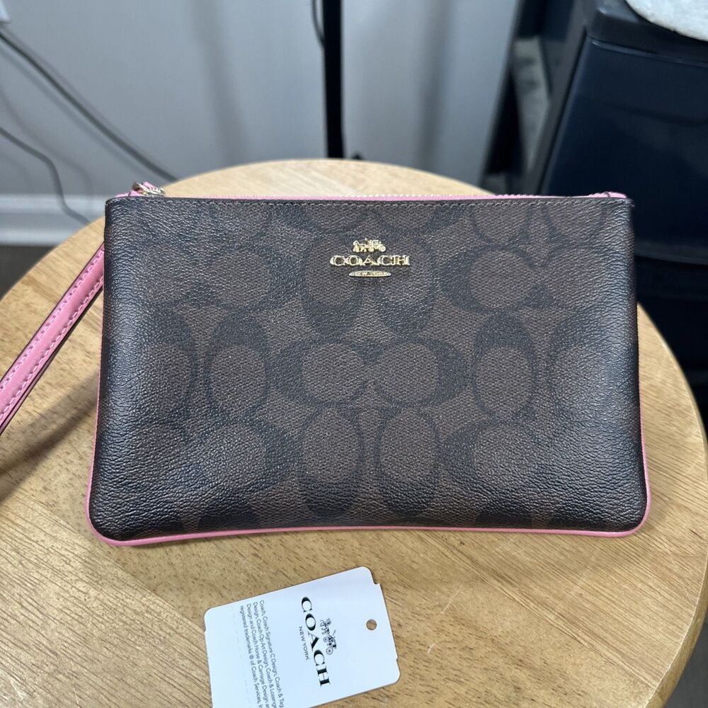 Coach Signature Canvas Khaki Brown Pink Large Corner Zip Wristlet F58695 - Picture 4 of 7
